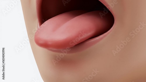 Close-up rendering of an open mouth with a large, extended pink tongue