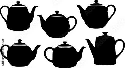 black silhouettes of teapots, white background, simple, vector illustration