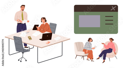 Team at meeting desk with laptops and papers, informal sitting conversation, interface layout. Ideal for teamwork, brainstorming, UX design, collaboration, communication, office environment simple