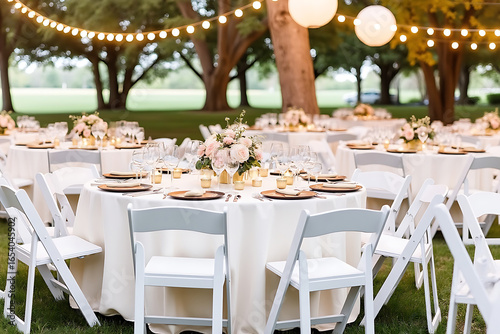 Elegant Outdoor Event Setup with Round Tables, White Linens, and String Lights for a Sophisticated Gathering Ambiance
