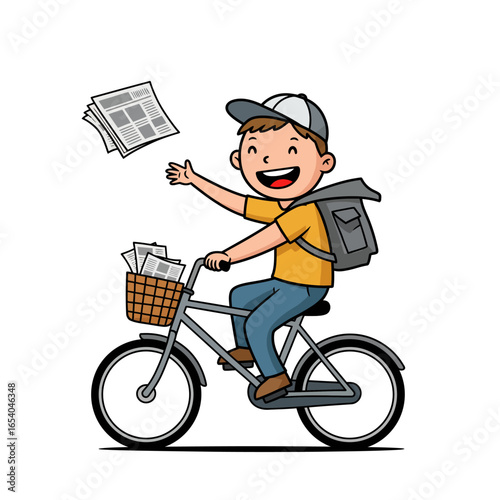 Cheerful cartoon paperboy in a cap throwing newspapers while riding his bicycle.