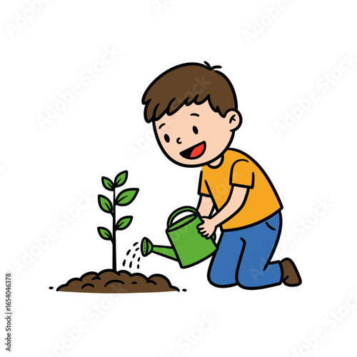 Cheerful young boy happily watering a small green plant in soil.