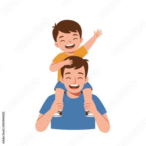 Cheerful Father Giving Shoulder Ride to Happy Son with Raised Hand.