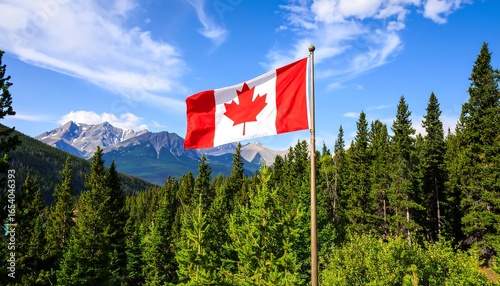 Canadian flag waving over mountains and forest