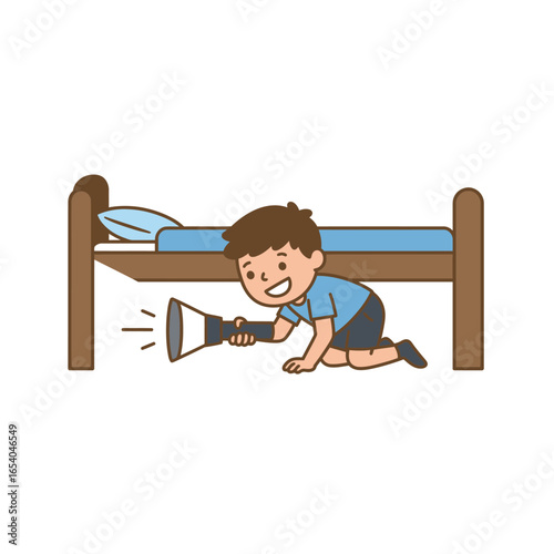 Curious cartoon boy with a flashlight smiling while searching for something under his wooden bed.