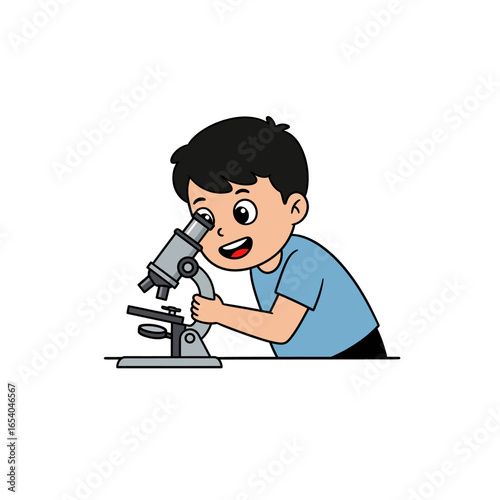 Curious cartoon boy with black hair and a blue shirt discovering science with a microscope.