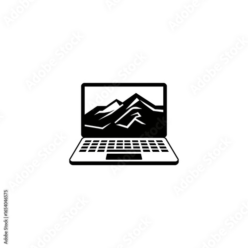 Innovative Technology A Laptop Displaying a Majestic Mountain Landscape, Symbolizing Adventure and Nature Exploration