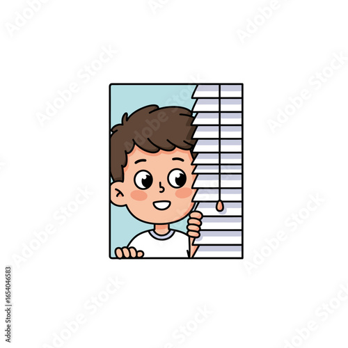 Curious cartoon boy with brown hair and big eyes peeking through white window blinds.