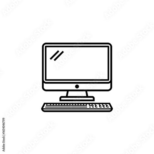 Simple Line Art of a Desktop Computer with Monitor and Keyboard