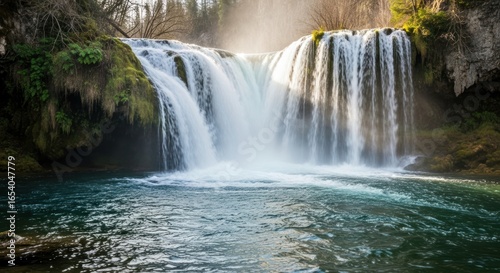 Majestic waterfall cascading into pristine pool surrounded by lush greenery and rugged cliffs