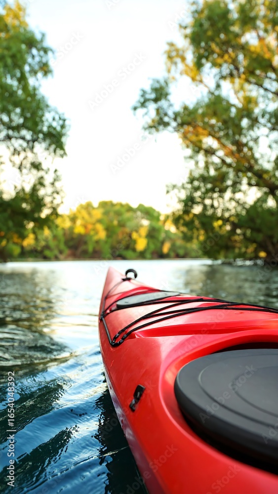 Fototapeta premium Red kayak on tranquil river