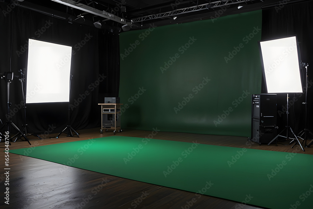 custom made wallpaper toronto digitalPhoto, video studio with black walls, glass windows, black polished concrete floor, dark green backdrop, created, a room with green carpet, large windows and modern green living-room with billboard.