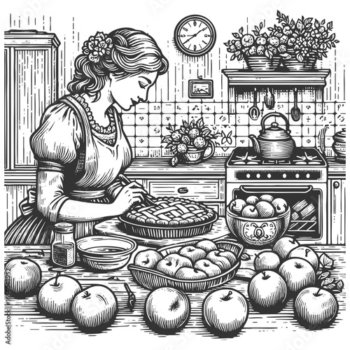 woman in an apron preparing apple pie at kitchen table surrounded by fresh apples and baked goods sketch engraving generative ai fictional character vector illustration. Scratch board. Black and white