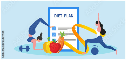 Diet plan concept. People do exercise and eating healthy food for dietary eating, meal planning, healthy lifestyle and nutrition vector illustration