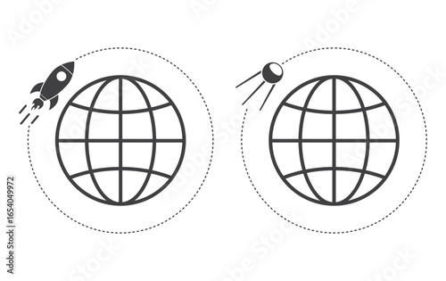rocket ship and sputnik  fly around globe in space icon