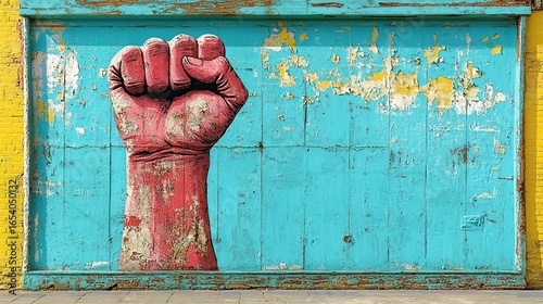 A bold red fist painted on a weathered turquoise wall stands as a striking powerful symbol of solidarity and resistance against a vibrant textured peeling colorful backdrop