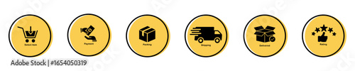 Online shopping process in 6 successive steps icons on white background. Chronology of receiving goods in online stores. Select item, payment, shipping, delivered, rating, ecommerce, e business
