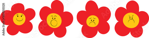Emotional Red Flower Cartoon Character Set with Faces