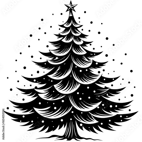 Elegant black and white Christmas tree illustration with falling snow evokes festive holiday cheer and winter wonder
