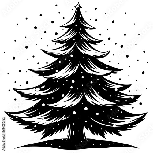 Captivating black and white illustration of a majestic evergreen tree adorned with falling snow, evoking winter wonder and festive holiday spirit.