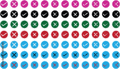 Colorful check mark and cross icons set in pink, black, green, red, and blue circles, flat approval and cancel symbols, checklist tick and cross vector