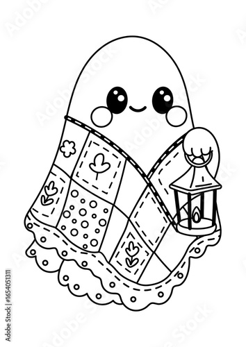 Cute boho ghost with patchwork quilt and lantern coloring page