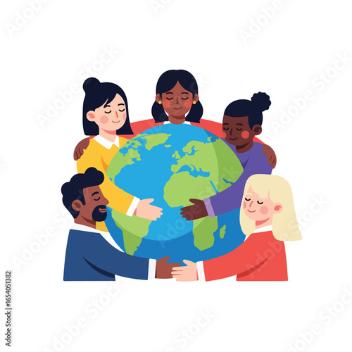 unity in diversity. people of different ethnicities get along and are friendly with each other. people embrace the earth. design 3