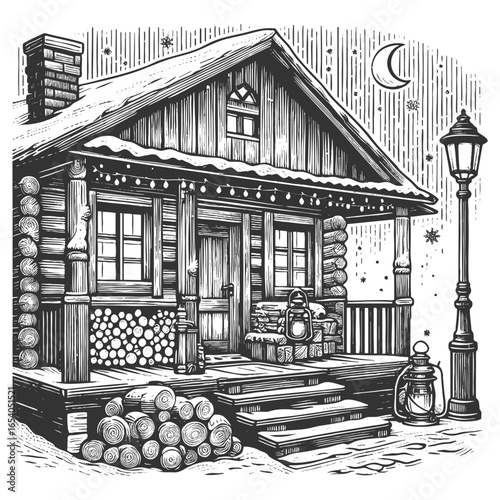 rustic log cabin with a front porch, hanging lanterns, and neatly stacked firewood sketch engraving generative ai vector illustration. Scratch board imitation. Black and white image.