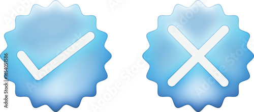 Blue check mark and cross icons set, 3D approval and rejection signs in round shape, simple checklist badge, isolated tick and cancel vector