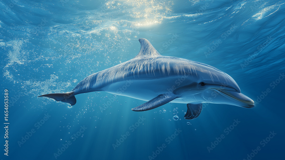 Naklejka premium Smiling dolphin gracefully swimming in clear blue ocean suitable for marine life publications, travel blogs, educational materials, and ocean conservation projects.