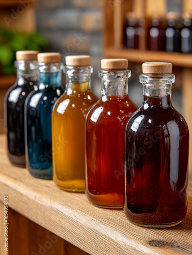 Colorful beverage bottles with corks on wooden shelf