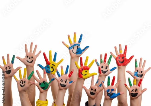 Cheerful painted hands raised in unison against a clean white backdrop, symbolizing joy and creativity