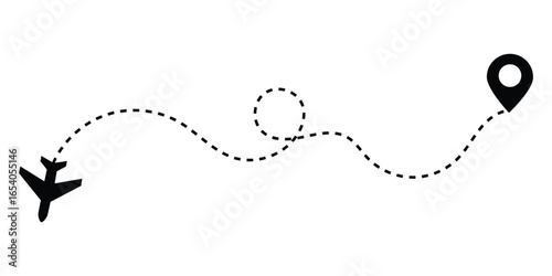 Airplane line path icon of air plane flight route with start point and dash dotted line trace. route icon.
