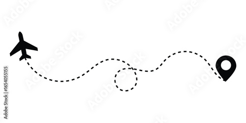 Airplane line path icon of air plane flight route with start point and dash dotted line trace. route icon.