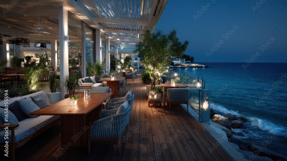 Fototapeta premium Elegant seaside restaurant terrace at night with atmospheric lighting and ocean view