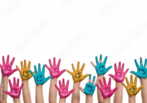 Colorful Hands with Happy Faces Raised High Against White Background