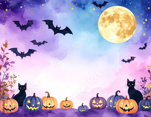 Pastel watercolor Halloween background with glowing full moon, bats, pumpkins, and elegant golden accents, dreamy and sophisticated illustration