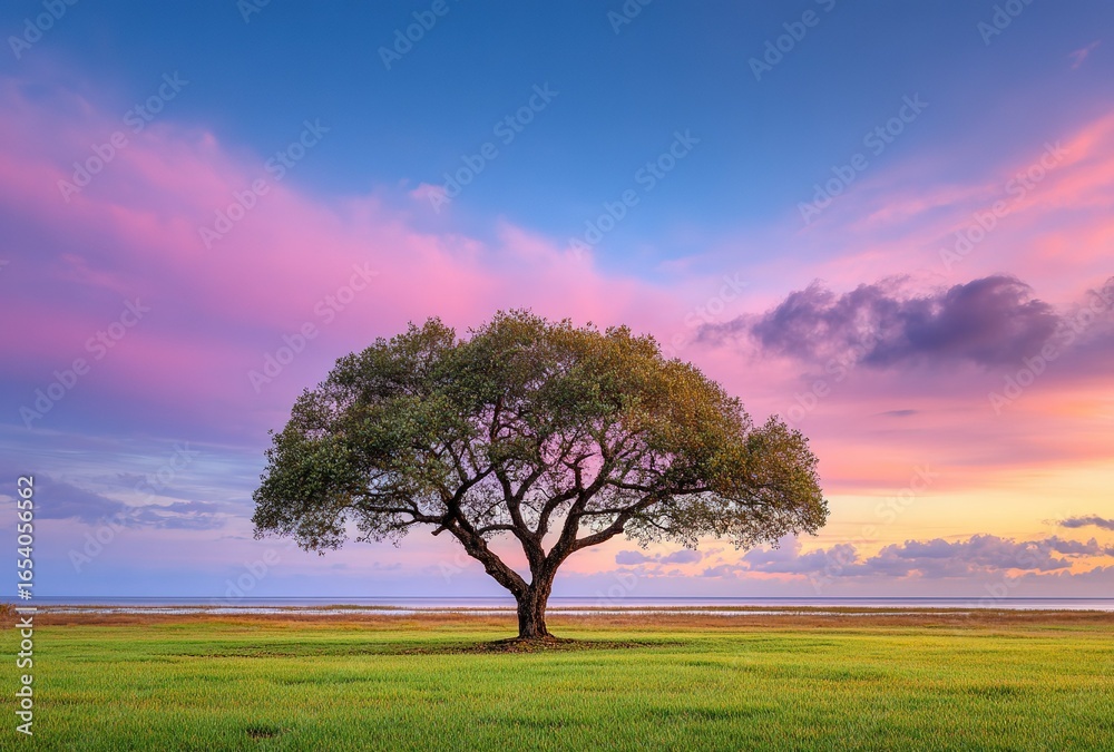 Obraz premium Lone Tree at Sunset (Seascape, Colorful Sky, Natural Scene)