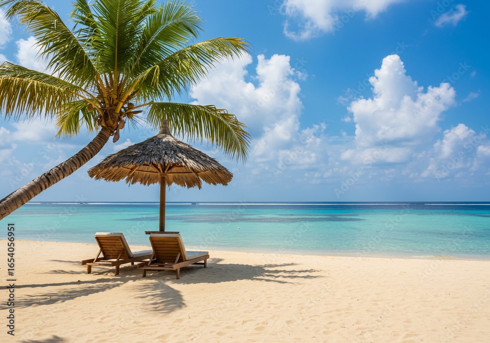 Obraz premium Tranquil Beach Scene with Palm Tree, Thatched Umbrella, and Lounge Chairs on White Sand
