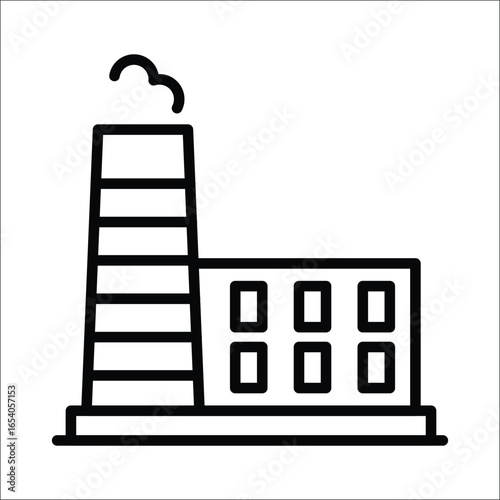 A blackandwhite line drawing of a factory with a tall chimney and a building with multiple windows Smoke emanates from the chimney