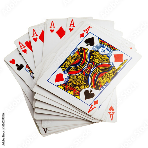 Deck of playing cards scattered and flying, suspended in motion, dramatic lighting on transparent png background. Ai generated