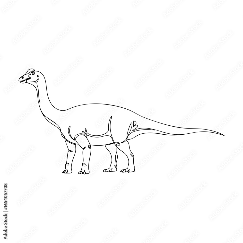 Fototapeta premium Vector line art of a long-necked herbivorous dinosaur illustration, detailed outline drawing with clean lines, prehistoric reptile profile view for coloring and education
