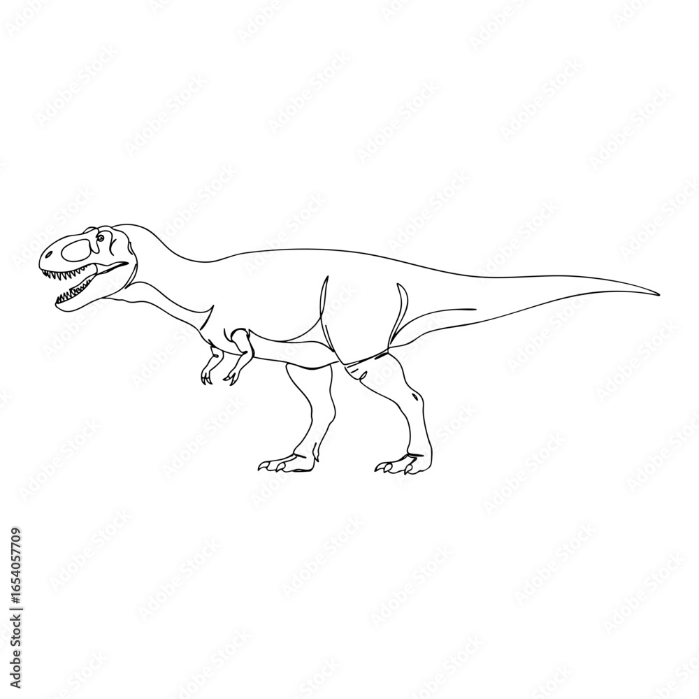 Fototapeta premium Vector line art of Tyrannosaurus rex dinosaur illustration, detailed black outline drawing of prehistoric predator with sharp teeth and powerful tail