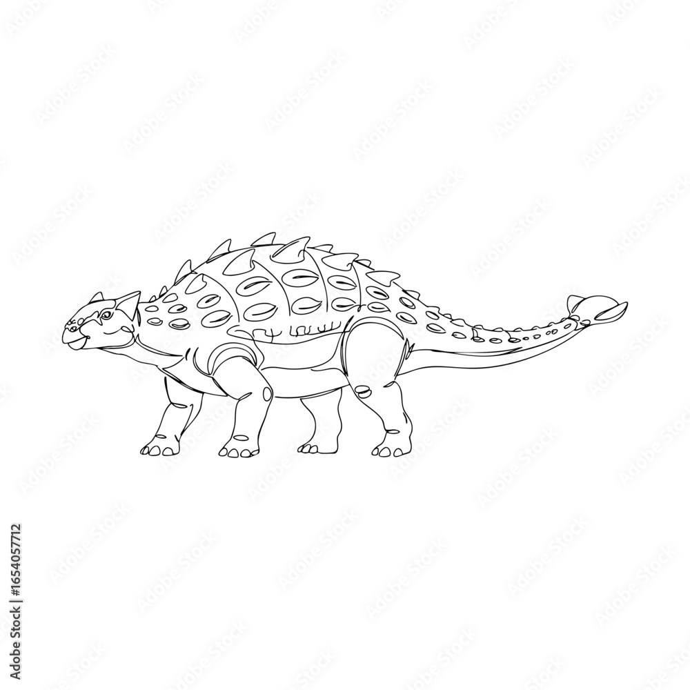 Fototapeta premium Vector line art of Ankylosaurus dinosaur illustration, armored reptile with heavy plates and spiked tail shown in clean black outline