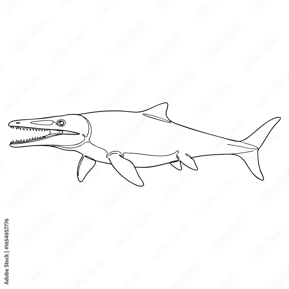 Obraz premium Vector line art of Mosasaurus marine reptile with open jaws and detailed fins, perfect for educational and artistic paleontology concepts