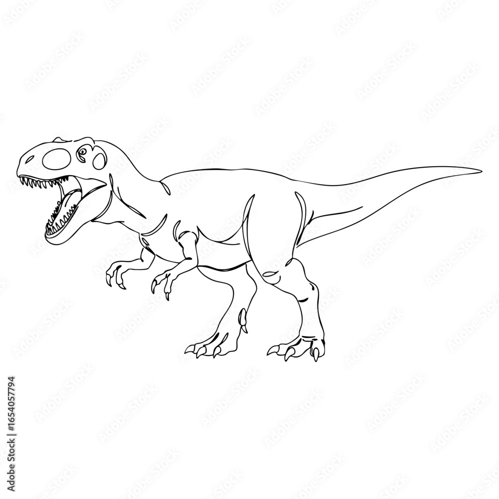 Obraz premium Vector line art of Tyrannosaurus rex predator dinosaur with powerful jaws, muscular body and skeletal outline in side view for design use