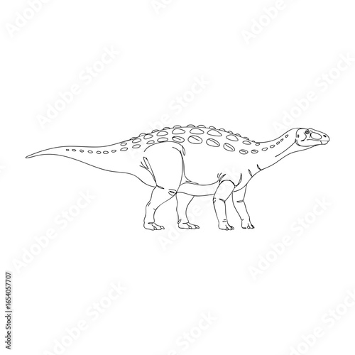 Vector line art of armored dinosaur with body plates, prehistoric creature outlined sketch, detailed educational illustration for coloring