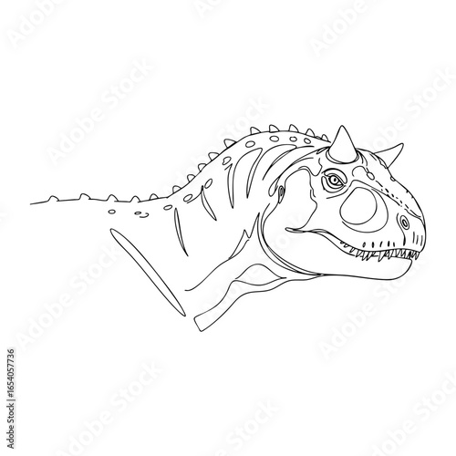 Vector line art close-up of a horned carnivorous dinosaur head with sharp teeth, textured skin details, and prehistoric reptile features in black outline style