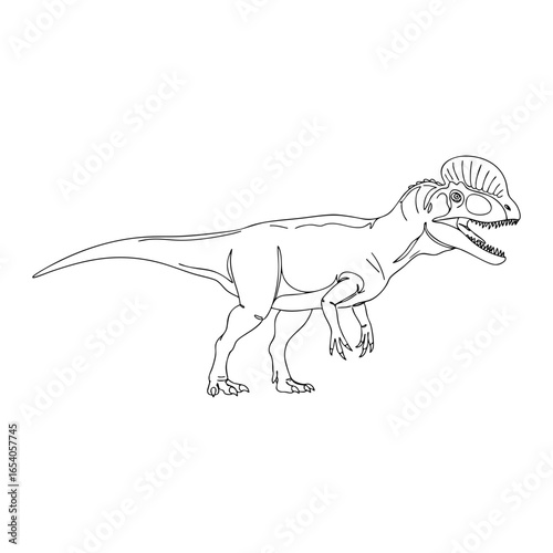 Vector line art of a crested carnivorous dinosaur with open mouth and teeth, prehistoric predator illustration in detailed outline for science and art references