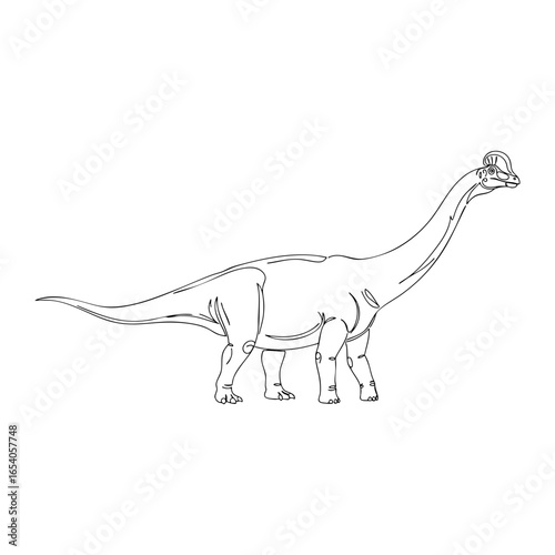 Vector line art of a large sauropod dinosaur with long neck and tail, prehistoric giant reptile illustration in outline style for study, coloring, and design use